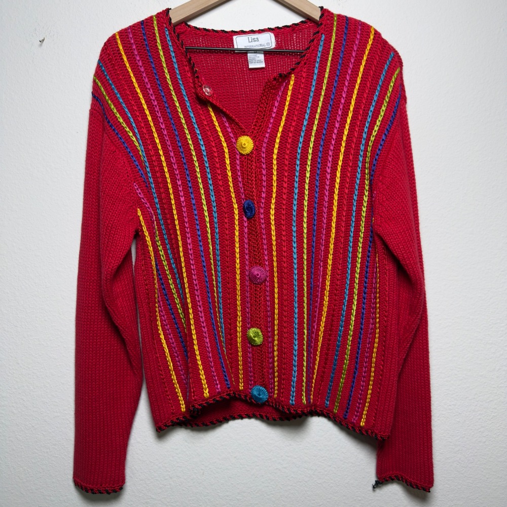 VTG Lisa Women Cotton Ramie Cardigan Sweater Red Rainbow Stripe Crochet Kidcore